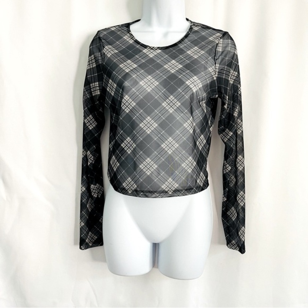Mesh Plaid Long Sleeve Crop Top